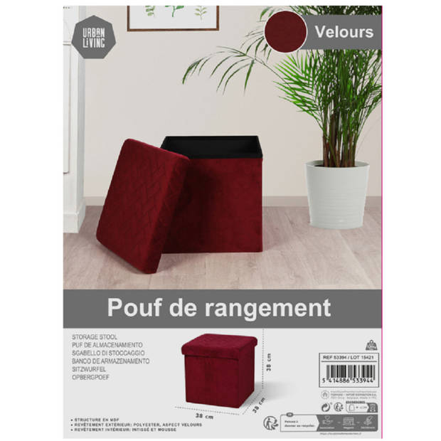 Urban Living Poef/hocker - 2x - opbergbox zit krukje - velvet rood - polyester/mdf - 38 x 38 cm - opvouwbaar - Poefs