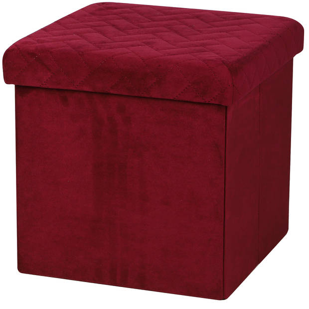 Urban Living Poef/hocker - 2x - opbergbox zit krukje - velvet rood - polyester/mdf - 38 x 38 cm - opvouwbaar - Poefs