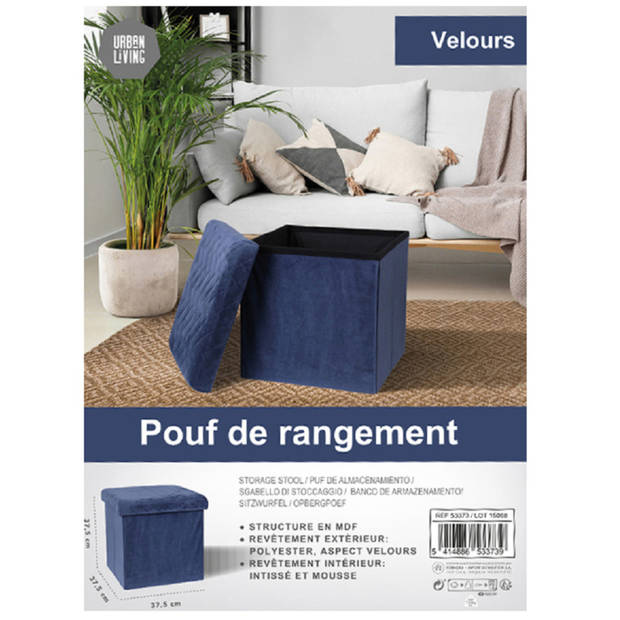 Urban Living Poef/hocker - 2x - opbergbox zit krukje - velvet donkerblauw - polyester/mdf - 38 x 38 cm - opvouwbaar - Po