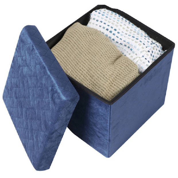 Urban Living Poef/hocker - opbergbox zit krukje - velvet donkerblauw - polyester/mdf - 38 x 38 cm - opvouwbaar - Poefs