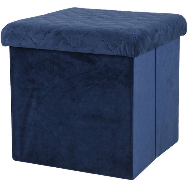 Urban Living Poef/hocker - opbergbox zit krukje - velvet donkerblauw - polyester/mdf - 38 x 38 cm - opvouwbaar - Poefs