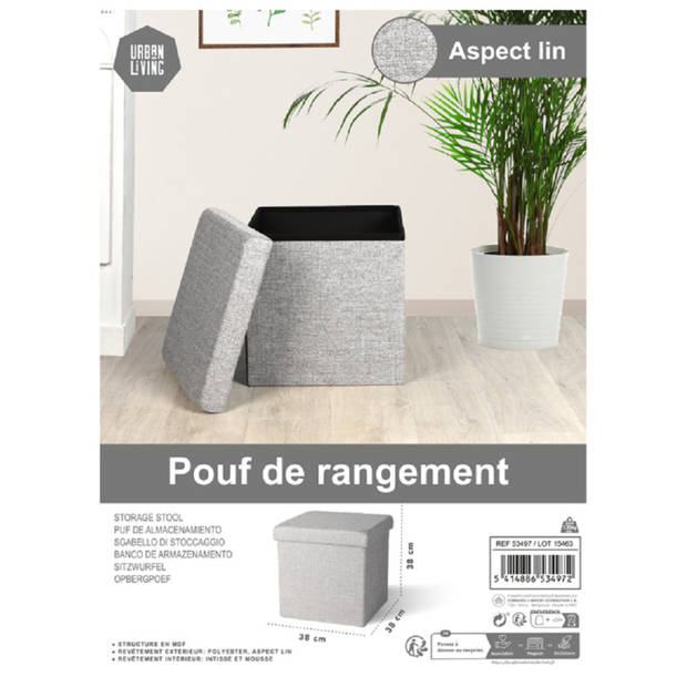 Urban Living Poef/hocker - 2x - opbergbox zit krukje - lichtgrijs - polyester/mdf - 38 x 38 cm - opvouwbaar - Poefs