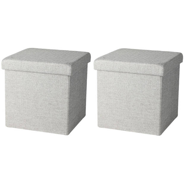 Urban Living Poef/hocker - 2x - opbergbox zit krukje - lichtgrijs - polyester/mdf - 38 x 38 cm - opvouwbaar - Poefs