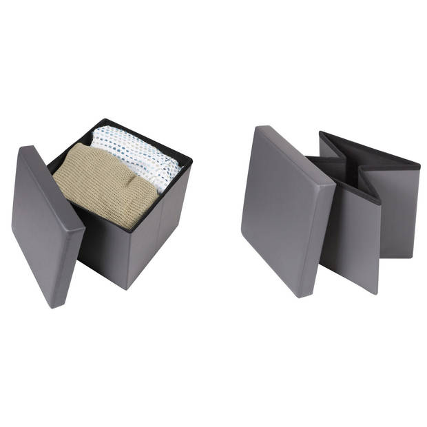Urban Living Poef Leather BOX - 2x - hocker - opbergbox - grijs - PU/mdf - 38 x 38 cm - opvouwbaar - Poefs