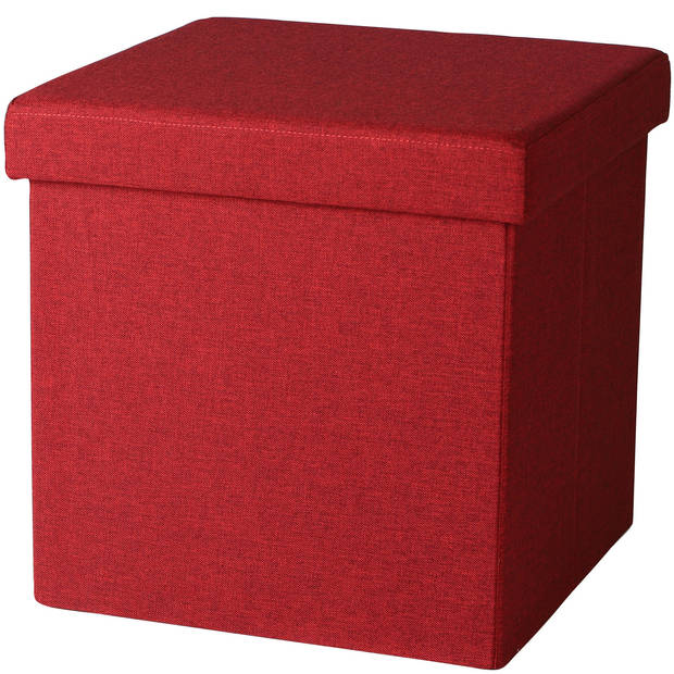 Urban Living Poef/hocker - 2x - opbergbox zit krukje - rood - linnen/mdf - 37 x 37 cm - opvouwbaar - Poefs