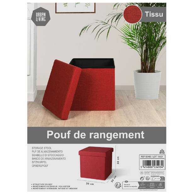 Urban Living Poef/hocker - 2x - opbergbox zit krukje - rood - linnen/mdf - 37 x 37 cm - opvouwbaar - Poefs