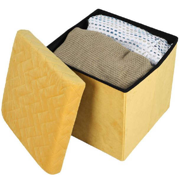 Urban Living Poef/hocker - 2x - opbergbox zit krukje - velvet geel - polyester/mdf - 38 x 38 cm - opvouwbaar - Poefs