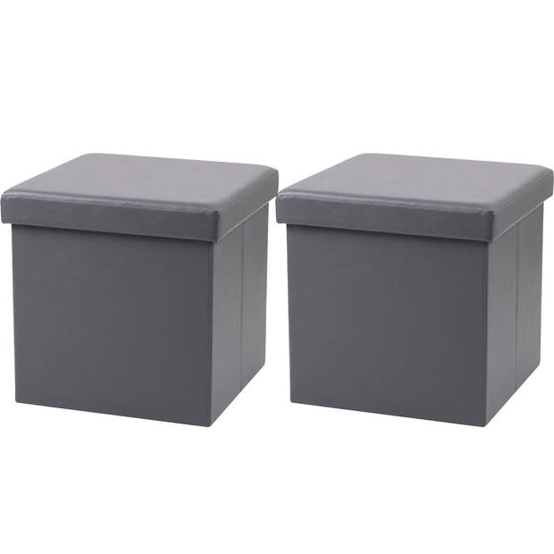 Urban Living Poef Leather BOX - 2x - hocker - opbergbox - grijs - PU/mdf - 38 x 38 cm - opvouwbaar - Poefs