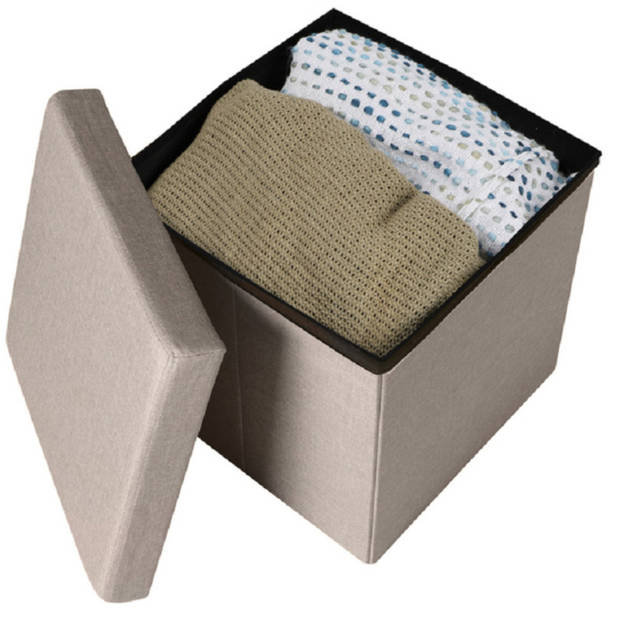 Urban Living Poef/hocker - 2x - opbergbox zit krukje - beige - polyester/mdf - 38 x 38 cm - opvouwbaar - Poefs