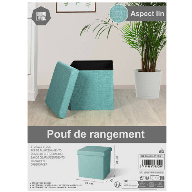 Urban Living Poef/hocker - 2x - opbergbox zit krukje - mintgroen - polyester/mdf - 38 x 38 cm - opvouwbaar - Poefs