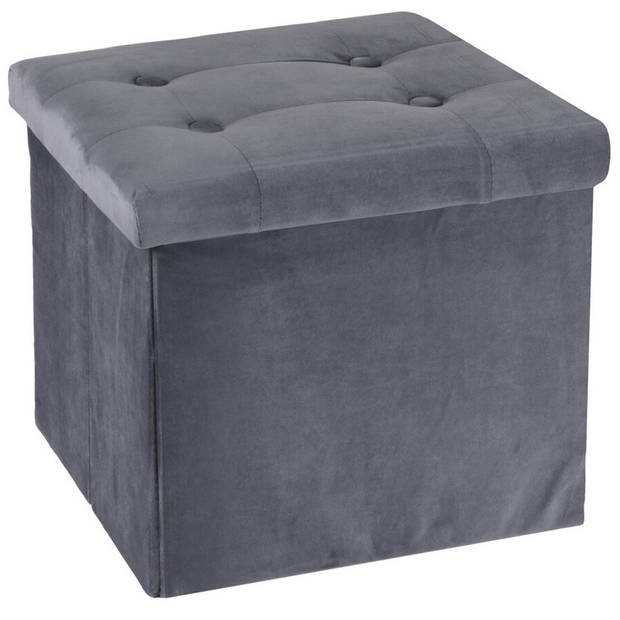 H&S Collection Poef/hocker/krukje - 2x - opbergbox - donkergrijs - fluweel polyester - 38 x 38 cm - Poefs