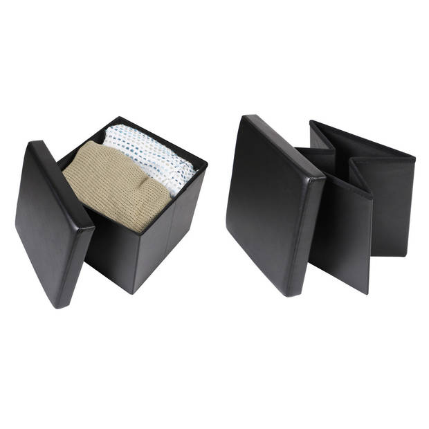 Urban Living Poef Leather BOX - 2x - hocker - opbergbox - zwart - PU/mdf - 38 x 38 cm - opvouwbaar - Poefs
