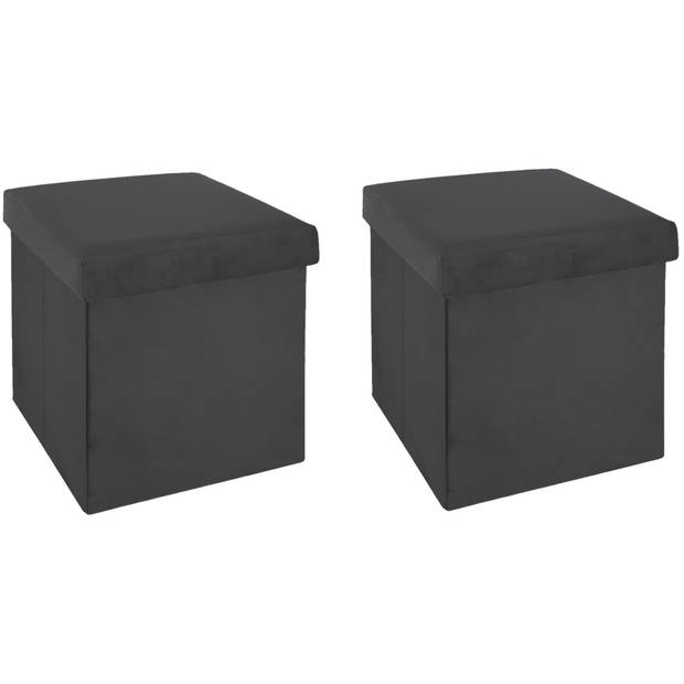 Atmosphera Poef/hocker/voetenbankje - 2x - opbergbox - donkergrijs - PO/MDF - 38 x 38 x 38 cm - Poefs