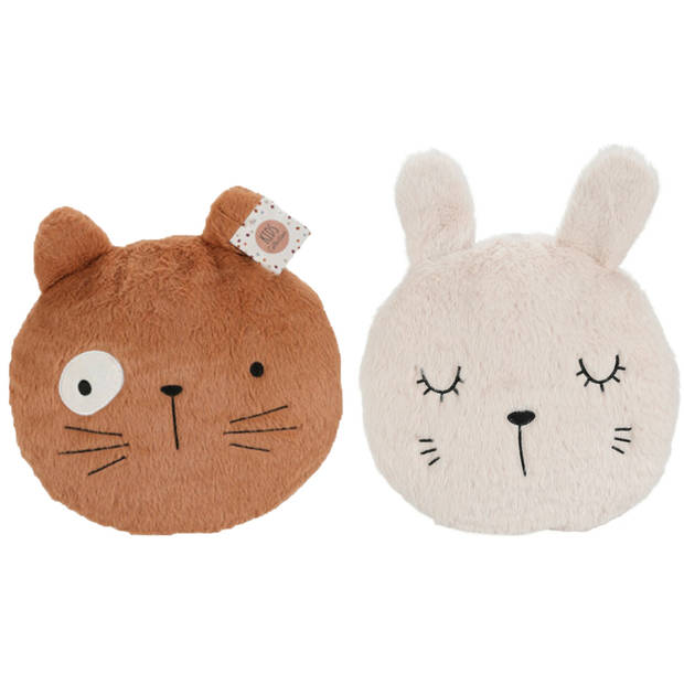 Dieren sierkussens - set 2x - kinderkamer - konijn/kat - 30 cm - polyester - Sierkussens