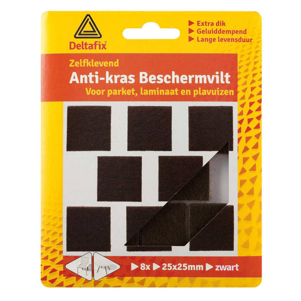 Deltafix Anti-krasvilt - 16x - zwart - 25 x 25 mm - vierkant - zelfklevend - meubel beschermvilt - Meubelviltjes