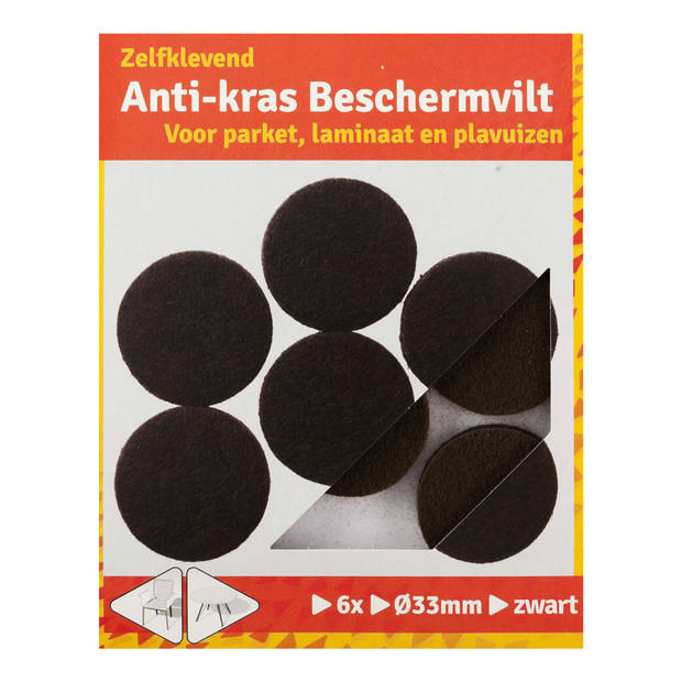 Deltafix Anti-krasvilt - 6x - zwart - 33 mm - rond - zelfklevend - meubel beschermvilt - Meubelviltjes