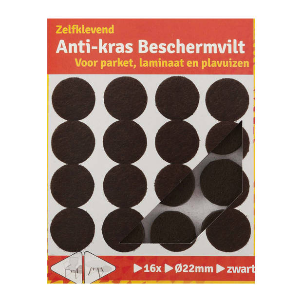 Deltafix Anti-krasvilt - 16x - zwart - 22 mm - rond - zelfklevend - meubel beschermvilt - Meubelviltjes