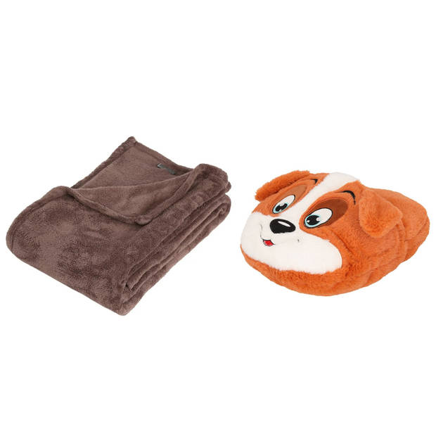 Fleece deken donkerbruin 125 x 150 cm met voetenwarmer slof Flapoor hond one size - Voetenwarmers