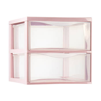 Plasticforte Ladeblokje/bureau organizer 2x lades - transparant/roze - L26 x B36 x H25 cm - Ladeblok