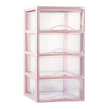 Plasticforte Ladeblokje/bureau organizer 4x lades - transparant/roze - L26 x B36 x H49 cm - Ladeblok
