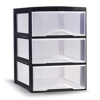 Plasticforte Ladeblokje/bureau organizer 3x lades - transparant/zwart - L26 x B37 x H37 cm - Ladeblok