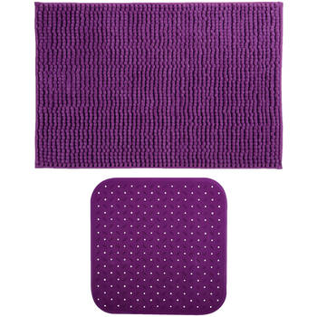 MSV Douche anti-slip mat en droogloop mat - Sevilla badkamer set - rubber/microvezel - paars - Badmatjes