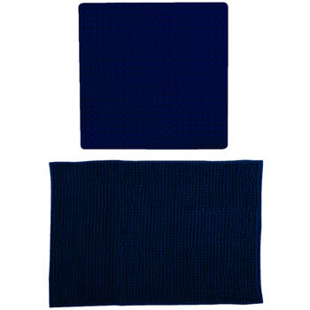 MSV Douche anti-slip mat en droogloop mat - Sevilla badkamer set - rubber/microvezel - donkerblauw - Badmatjes