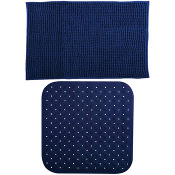 MSV Douche anti-slip mat en droogloop mat - Sevilla badkamer set - rubber/microvezel - donkerblauw - Badmatjes