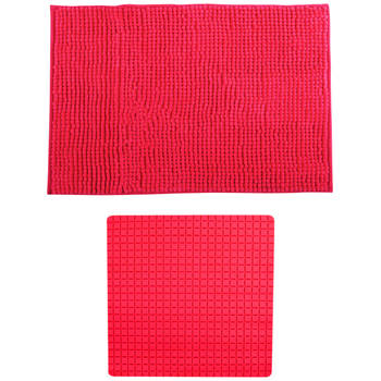 MSV Douche anti-slip mat en droogloop mat - Sevilla badkamer set - rubber/microvezel - fuchsia roze - Badmatjes