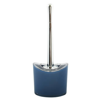 MSV Toiletborstel in houder/wc-borstel Aveiro - PS kunststof/rvs - donkerblauw/zilver - 37 x 14 cm - Toiletborstels