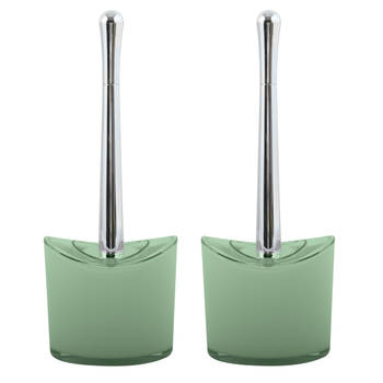 Toiletborstel in houder/wc - 2x - borstel Aveiro - PS kunststof/rvs - groen/zilver - 37 x 14 cm - Toiletborstels