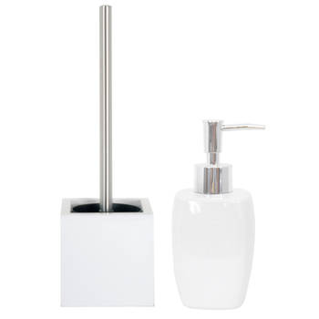 MSV Toiletborstel in houder 38 cm/zeeppompje badkamer accessoires set Montreal - MDF/keramiek - wit - Badkameraccessoire