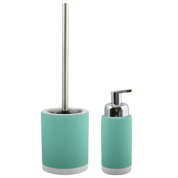 MSV Toiletborstel in houder 38 cm/zeeppompje set Moods - keramiek/rvs - azuurblauw - Badkameraccessoireset