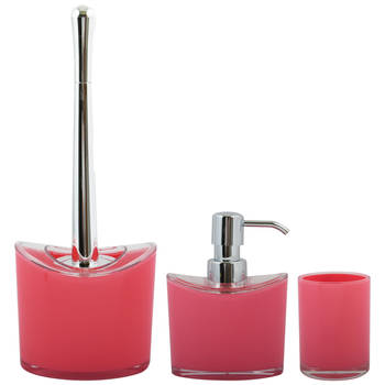 MSV Toiletborstel in houder/zeeppompje/beker - badkamer set Aveiro - kunststof - fuchsia roze - Badkameraccessoireset