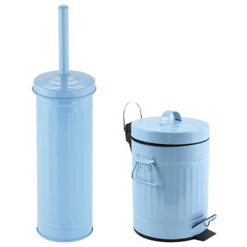MSV Toiletborstel in houder/pedaalemmer set Industrial - metaal - lichtblauw - Badkameraccessoireset