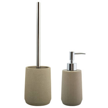 MSV Toiletborstel in houder 35 cm/zeeppompje set Squares - Polyresin/RVS - taupe/beige - Badkameraccessoireset