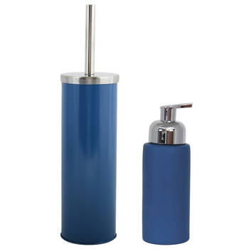 MSV Toiletborstel in houder 38 cm/zeeppompje set Moods - metaal/keramiek - blauw - Badkameraccessoireset