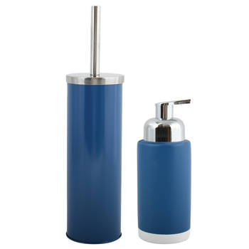 MSV Toiletborstel in houder 38 cm/zeeppompje set Moods - metaal/keramiek - blauw - Badkameraccessoireset