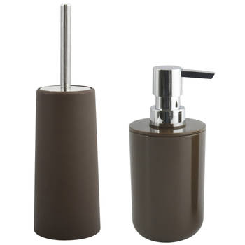 MSV Toiletborstel in houder 35 cm/zeeppompje set Moods - kunststof - kastanje bruin - Badkameraccessoireset