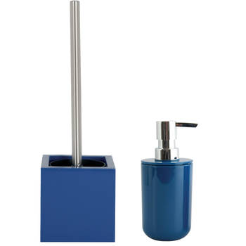 MSV Toiletborstel in houder 37 cm/zeeppompje set Moods - mdf hout/kunststof - blauw - Badkameraccessoireset