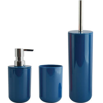 MSV Badkameraccessoire Moods - toiletborstel in houder - beker - zeeppompje - donkerblauw - kunststof - Badkameraccessoi