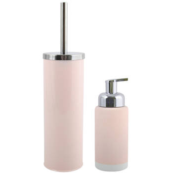 MSV Toiletborstel in houder 38 cm/zeeppompje set Enzo - metaal/keramiek - lichtroze - Badkameraccessoireset