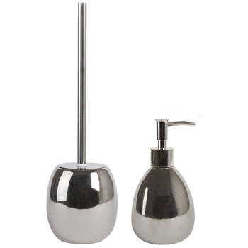 MSV Toiletborstel in houder 39 cm/zeeppompje set Kymi - Polyresin/rvs - zilver - Badkameraccessoireset