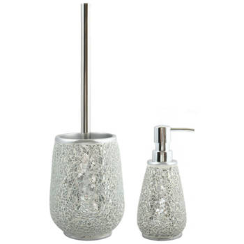 MSV Toiletborstel in houder 36 cm/zeeppompje set Scarlett - Polyresin/rvs - zilver mozaiek - Badkameraccessoireset
