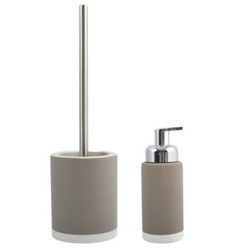 MSV Toiletborstel in houder 38 cm/zeeppompje set Moods - Keramiek/rvs - taupe/beige - Badkameraccessoireset