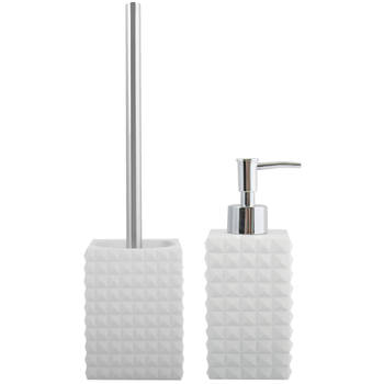 MSV Toiletborstel in houder 37 cm/zeeppompje set Kubik - Polyresin/rvs - ivoor wit - Badkameraccessoireset