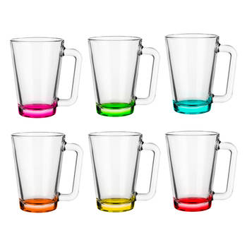 Glasmark Theeglazen/koffie glazen met gekleurde basis - transparant glas - 6x stuks - 250 ml - Koffie- en theeglazen