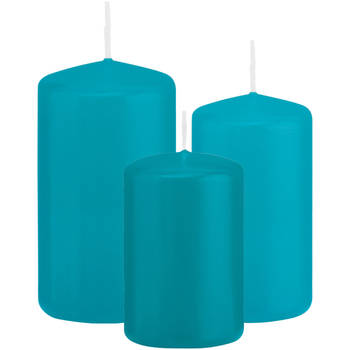 Stompkaarsen set van 3x stuks turquoise blauw 8-10-12 cm - Stompkaarsen