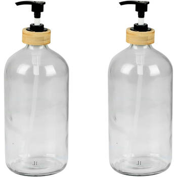 Urban Living Zeeppompje/zeepdispenser - 2x - glas/bamboe - transparant - 1 liter - 24 cm - Zeeppompjes