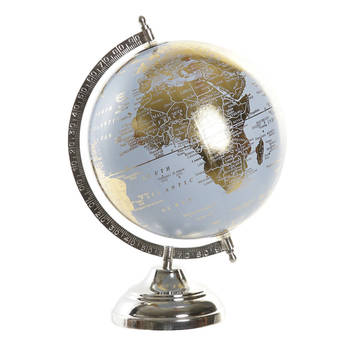 Items Deco Wereldbol/globe op voet - kunststof - blauw/goud - home decoratie artikel - D20 x H30 cm - Wereldbollen